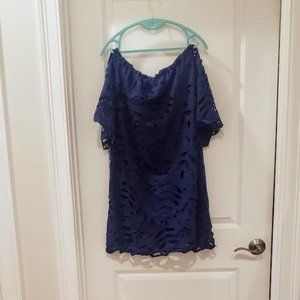 NWT Stunning Navy Blue Off/On the Shoulder Eyelet Dress Fully Lined Size L